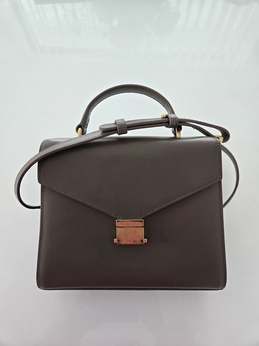 Quince Small Handle Crossbody Satchel w/ Detachable Strap Taupe Gold Hardware - Picture 15 of 16